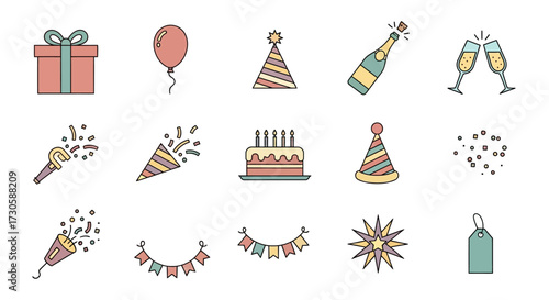 Festive birthday celebration icons featuring party elements and decorations.