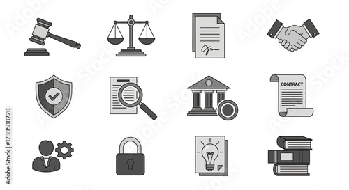 Law Legal Justice Icons Set Gavel Scales Contract.