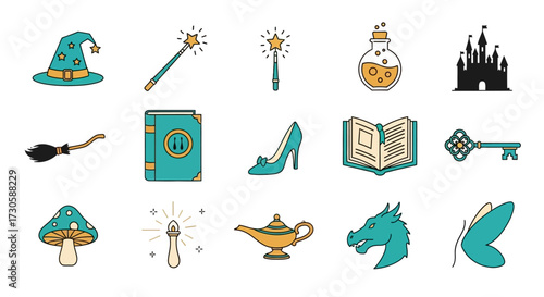 Fantasy fairytale icons set collection.