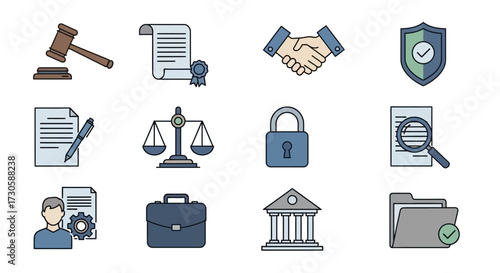 Law and justice filled line icon set collection.