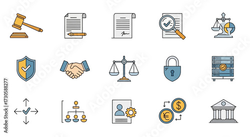 Legal and business icons representing law, justice, and agreement.
