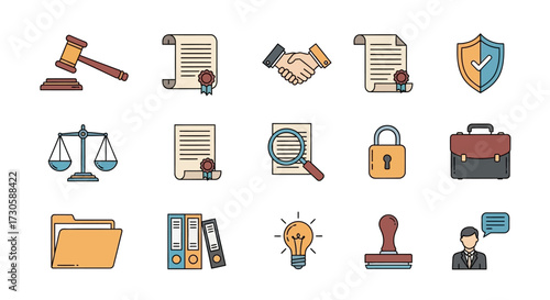 Legal and Business Icons - Justice, Contracts, Security, and Innovation.