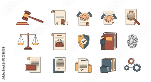 Legal and Justice Icons - Law, Contracts, Agreements, and Security.