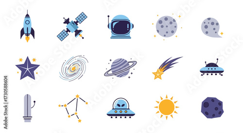 Space Exploration Icons - Rocket, Satellite, Astronaut Helmet, Planets, and More.