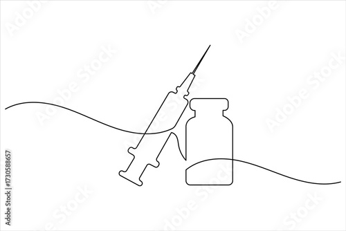 Syringe and medicine bottle continuous one line art vector illustration