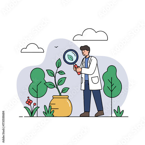A vibrant 2D flat vector illustration shows an environmental scientist collecting plant samples outdoors, using a magnifying glass to carefully examine a leaf with a tree and cloud in the background.