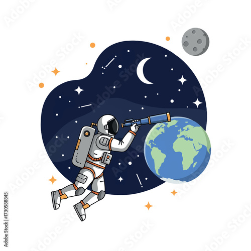 A vibrant 2D flat vector illustration shows an astronaut floating in space, observing Earth through a telescope, with distant stars and a serene crescent moon.