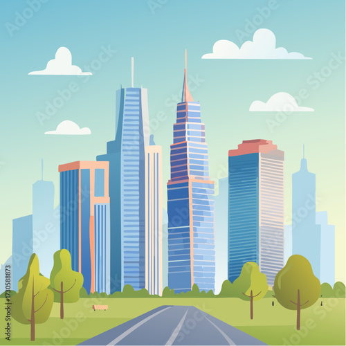 Paysage urbain, jolie ville moderne composée de gratte-ciel, ciel bleu, soleil, des arbres au premier plan 