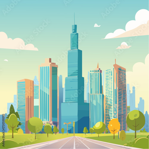 Paysage urbain, jolie ville moderne composée de gratte-ciel, ciel bleu, soleil, des arbres au premier plan 