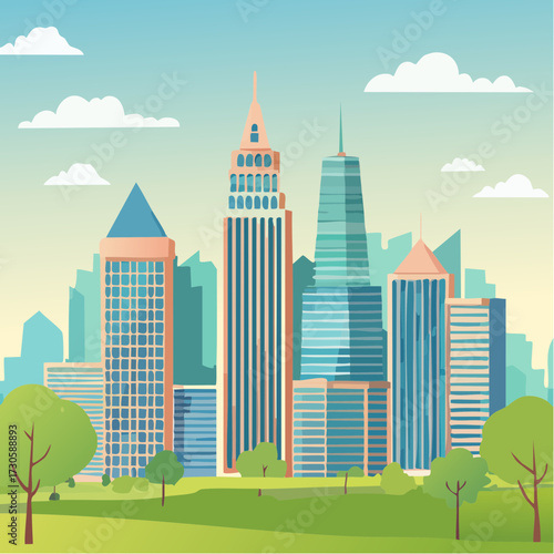 Paysage urbain, jolie ville moderne composée de gratte-ciel, ciel bleu, soleil, des arbres au premier plan 