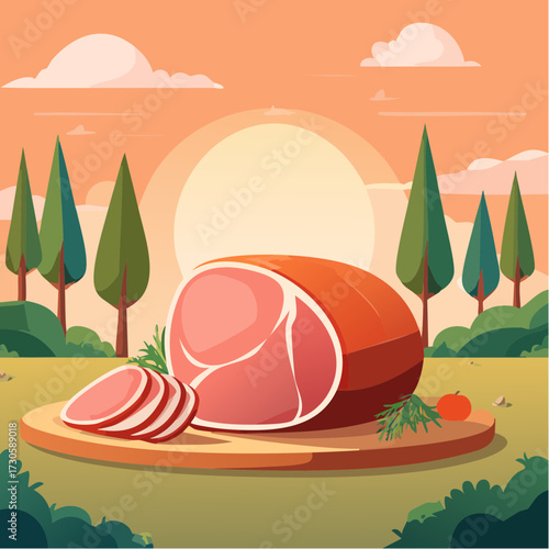 Délicieux jambon sec entier et tranché, présenté sur un plat en bois rustique, la nature en arrière plan
