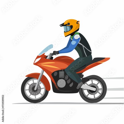 Un motard sur sa moto de course, lancé à pleine vitesse, vue de profil, isolé sur fond blanc
