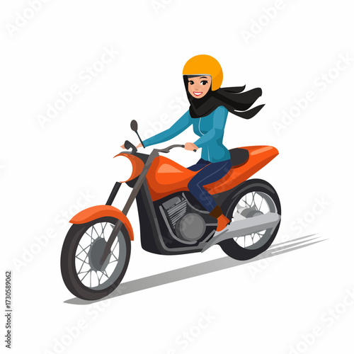 Jeune femme sur sa moto, vitesse, liberté, conductrice, isolé sur fond blanc