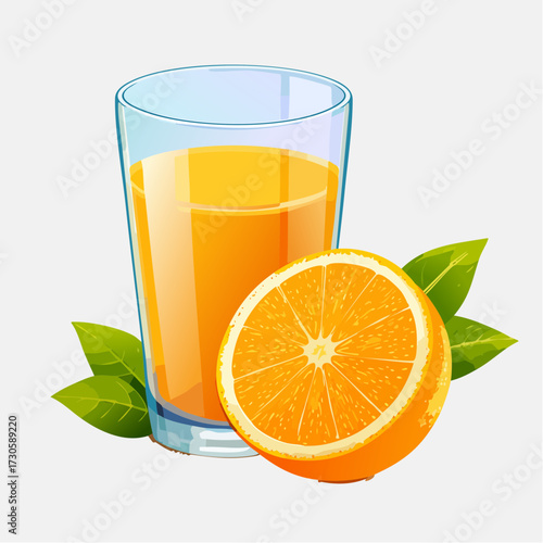 Verre de jus d'orange et une orange tranchée à côté, isolé sur fond blanc