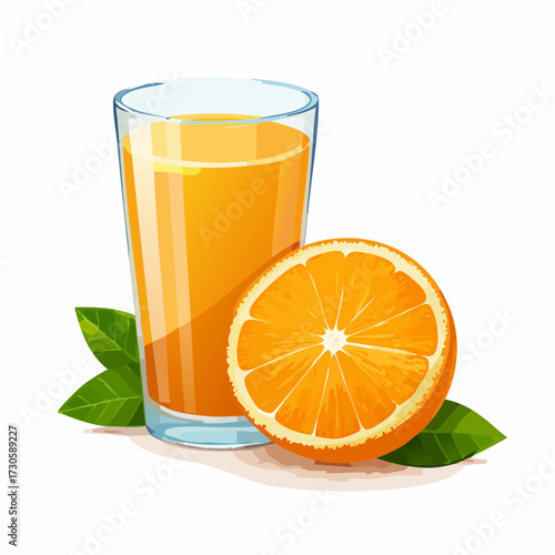 Verre de jus d'orange et une orange tranchée à côté, isolé sur fond blanc