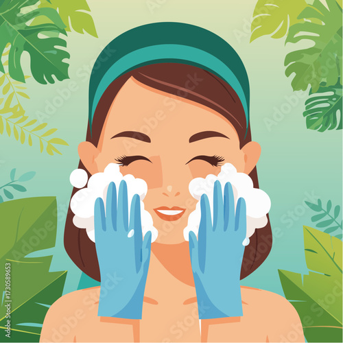Jeune femme souriante se nettoie le visage, mousse, gants, hygiène