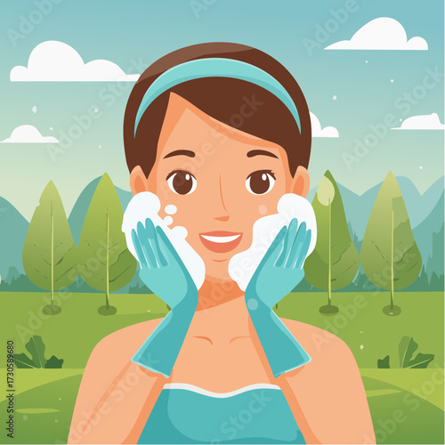 Jeune femme souriante se nettoie le visage, mousse, gants, hygiène