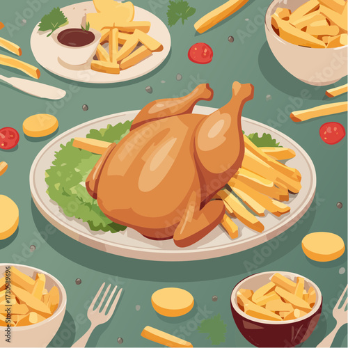 Jolie illustration d'un délicieux poulet rôti accompagné de frites