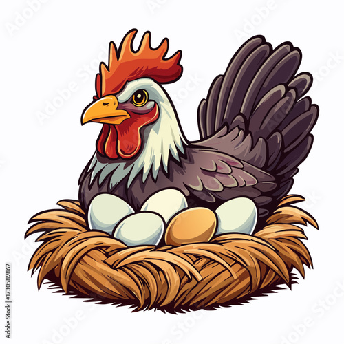 Une jolie poule qui couve ses oeufs, isolé sur fond blanc