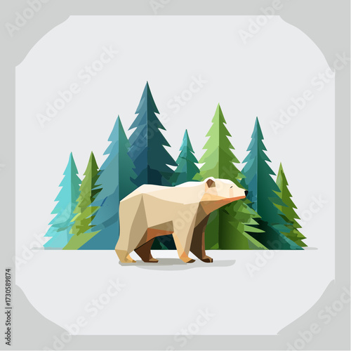 Illustration d'un bel ours blanc, beige, des sapins en arrière plan, 3D, isolé sur fond blanc