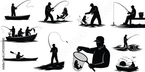 Fishing silhouettes, boat fishing, dock fishing, net catching, kayak paddling, group fishing, solo angler, water sport, outdoor activity, black illustration
