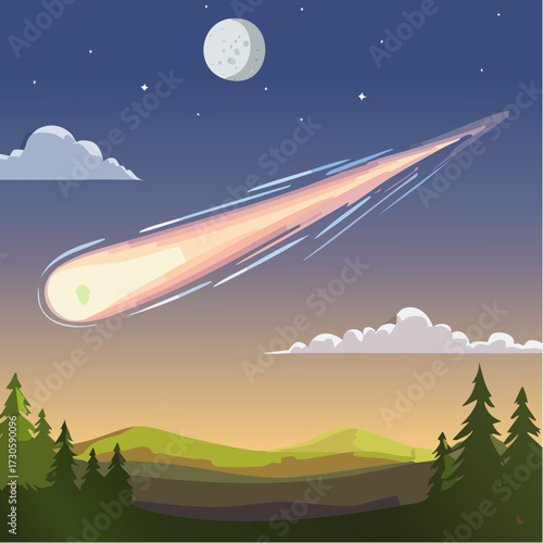 Impressionnante comète traversant le ciel la nuit