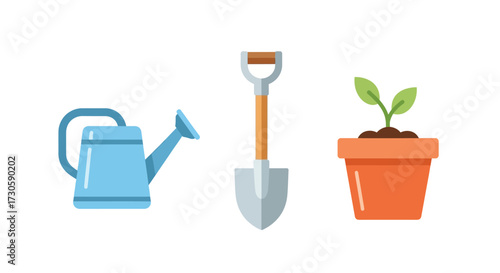 A flat vector illustration set of gardening tools, including a blue watering can, a shovel, and a green seedling in a terracotta pot.