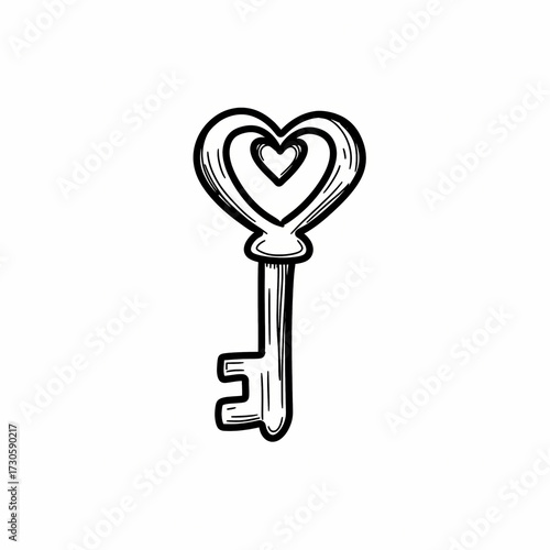 Key with heart-shaped handle in simplistic black and white design  