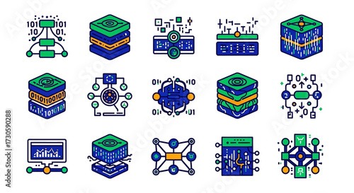 A vibrant set of modern line art icons depicting data servers, networks, and databases in blue and green hues.