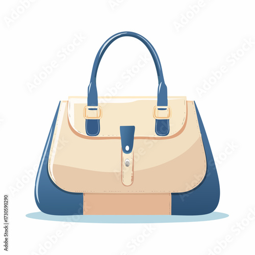 Sac à main en cuir bicolore, bleu et beige, femme, maroquinerie, luxe, isolé sur fond blanc