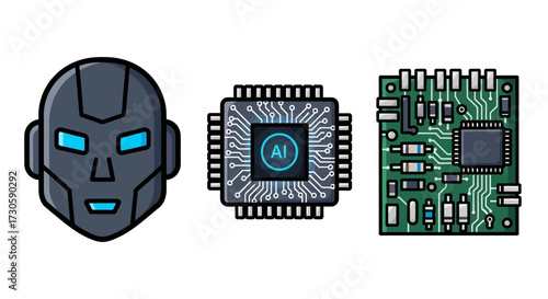 A set of three technology icons featuring a dark gray robot head with glowing blue eyes, an AI CPU, and a green circuit board.