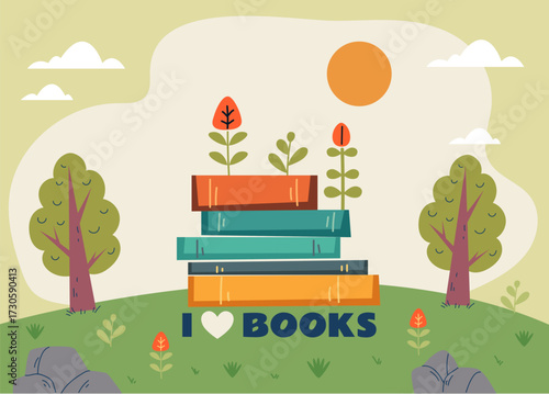 Pile of books laying on forest meadow. I love books concept. Vector design graphic illustration
