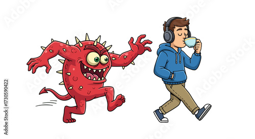 Confronting Stress A Man's Calm Walk Beside a Monster, Enjoying Coffee and Music