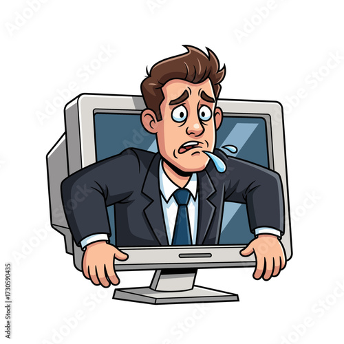 Overwhelmed Businessman Trapped Inside a Computer Screen, Showing Stress and Digital Dependence