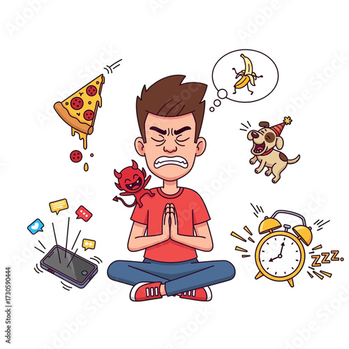 Stressed cartoon man trying to meditate surrounded by funny distractions and bad habits