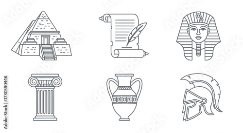 Ancient Egyptian and Greek Iconography - Pyramid, Scroll, Pharaoh, Column, Amphora, Helmet.