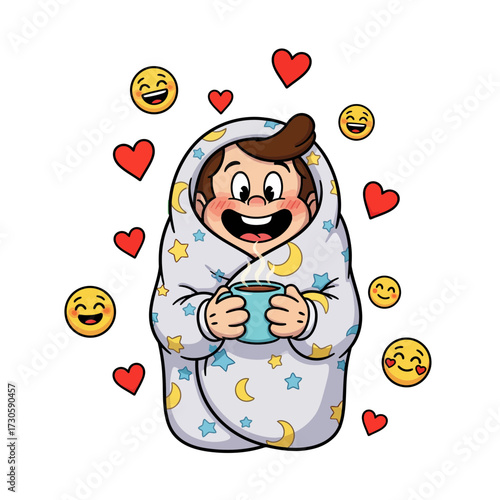 Cozy and happy person wrapped in a blanket holding a warm mug with cheerful emojis