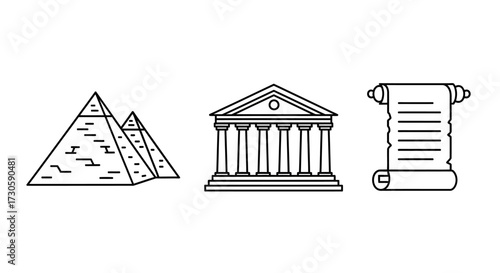 Ancient Historical Symbols - Egyptian Pyramids, Classical Temple, and Old Papyrus Scroll Line Art.