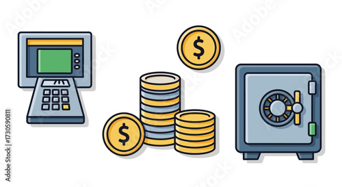 ATM, Stacked Coins, and Safe - Banking and Finance Icons.