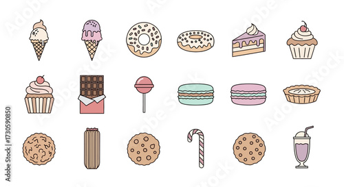 Assortment of Hand-Drawn Sweet Confections and Desserts Collection.
