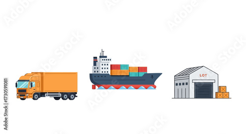 Cargo Shipping Process - Truck, Container Ship, and Warehouse Illustration.