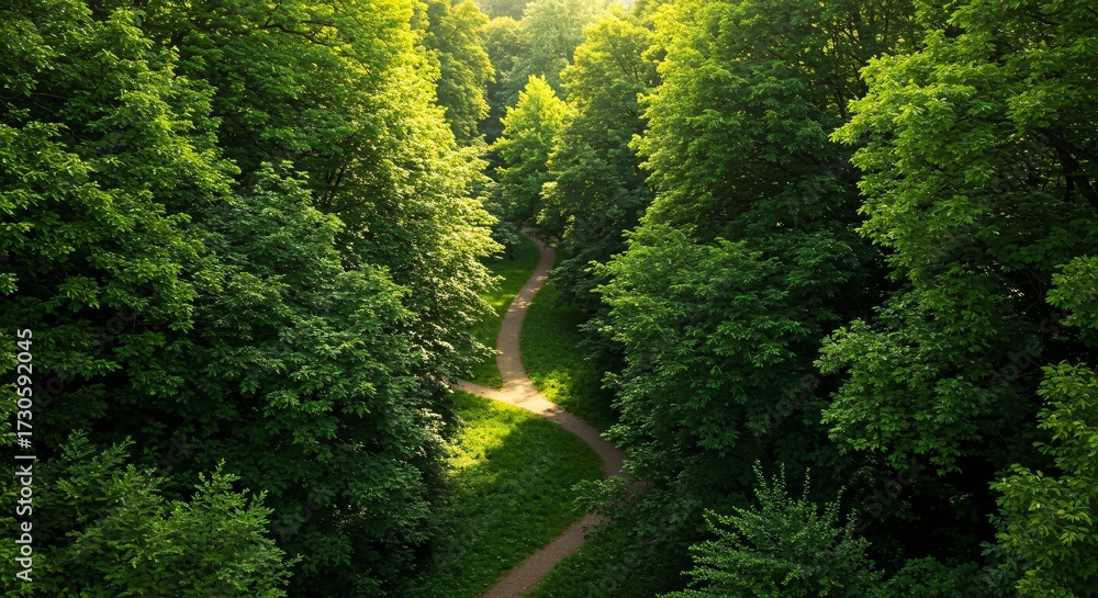 Obraz premium Sunlit Path Through Lush Green Forest A Serene Journey into Nature's Embrace, with Sunlight Dancing on Trees