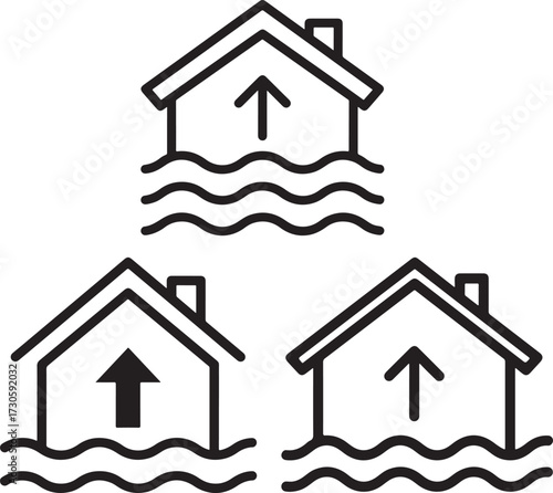Flood warning icons showing rising water levels silhouette