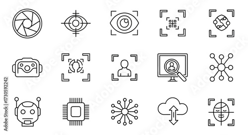 Collection of Line Art Icons - Focus, Technology, and AI.