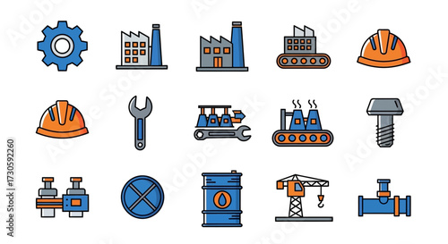 Collection of Industrial Icons Featuring Gears, Factories, and Construction Equipment.