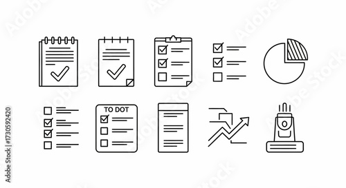 Collection of linear icons representing tasks, checklists, charts, and office supplies.