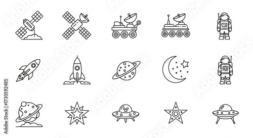 Collection of Linear Space Exploration Icons - Rockets, Astronauts, Satellites, Planets, and UFOs.