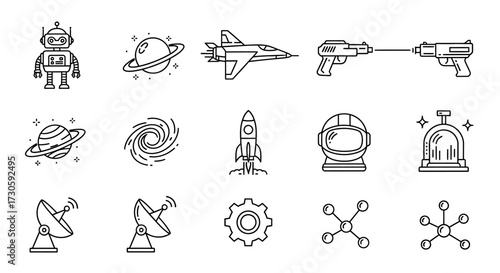 Collection of Linear Space-Themed Icons - Robot, Spaceship, Planets, and Tools.