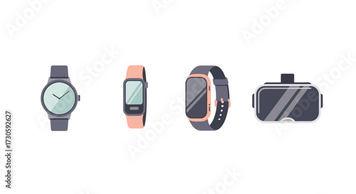 Collection of Modern Smartwatches and VR Headset, Flat Design Illustration.