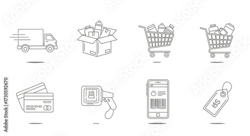 Collection of Outline Icons Representing Online Shopping and Delivery Services.